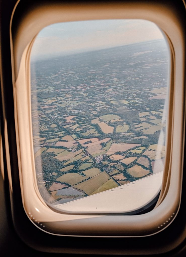 looking out an airplane window over England