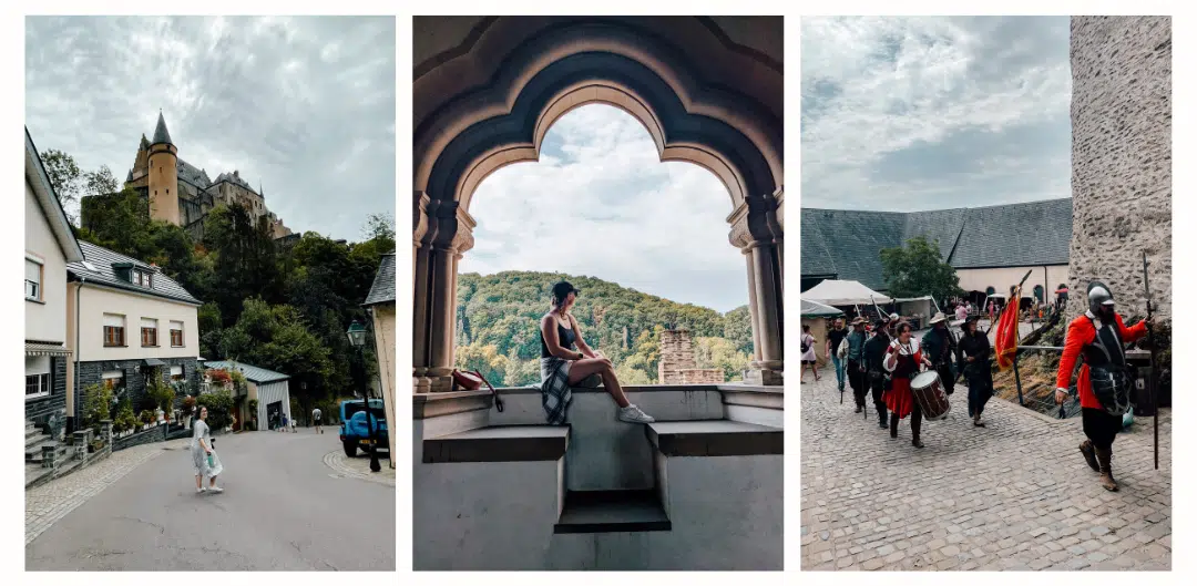 A photo of the view of the Vianden castle from the town, a photo of the view from the Vianden castle and a photo of a medieval parade from the castle 
