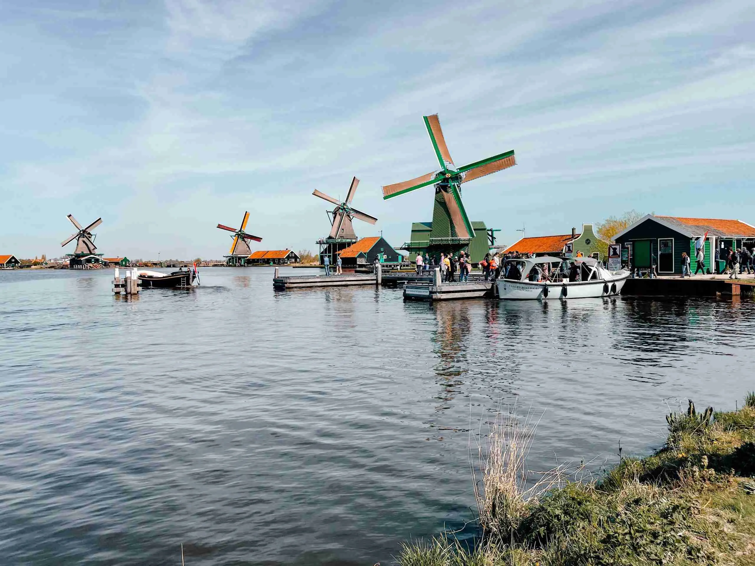 Some of the windmills that can be found along the river at Zaanse Schans