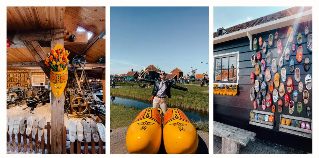 photos of the many clogs that can be found in Zaanse Schans 