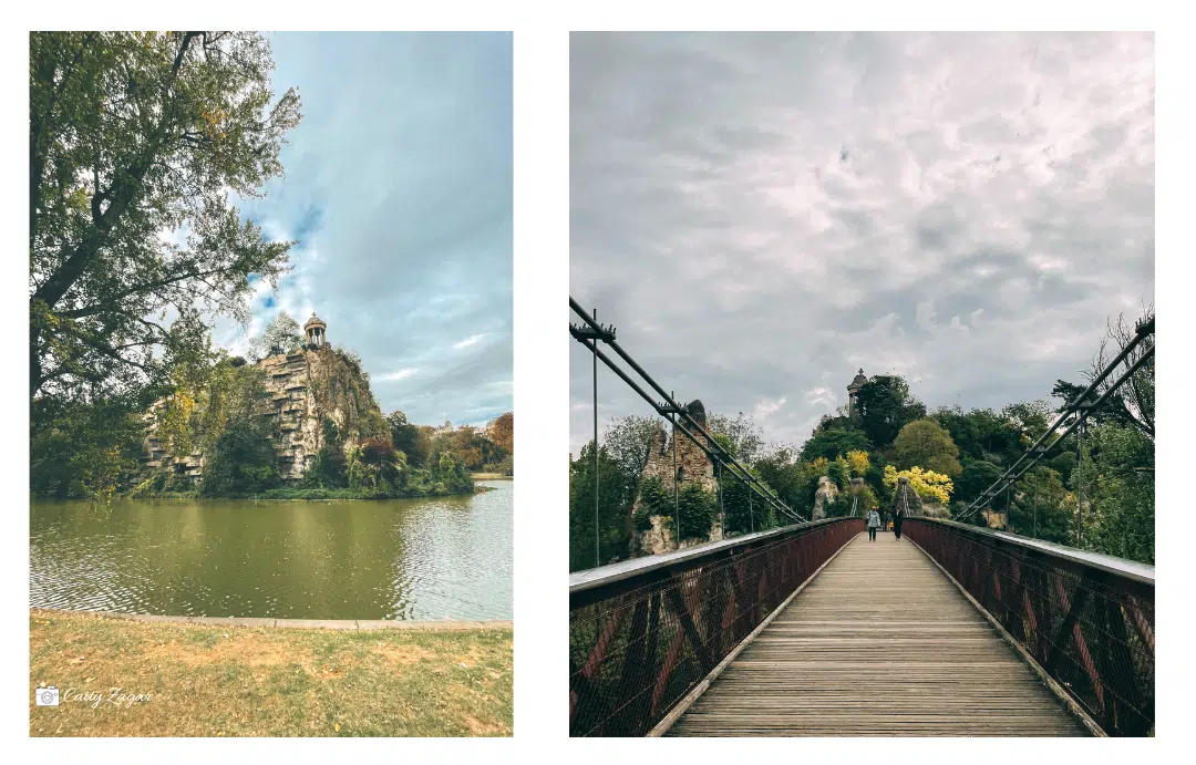 the view from the bottom of the hill in Buttes Chaumont and from the top of the bridge
