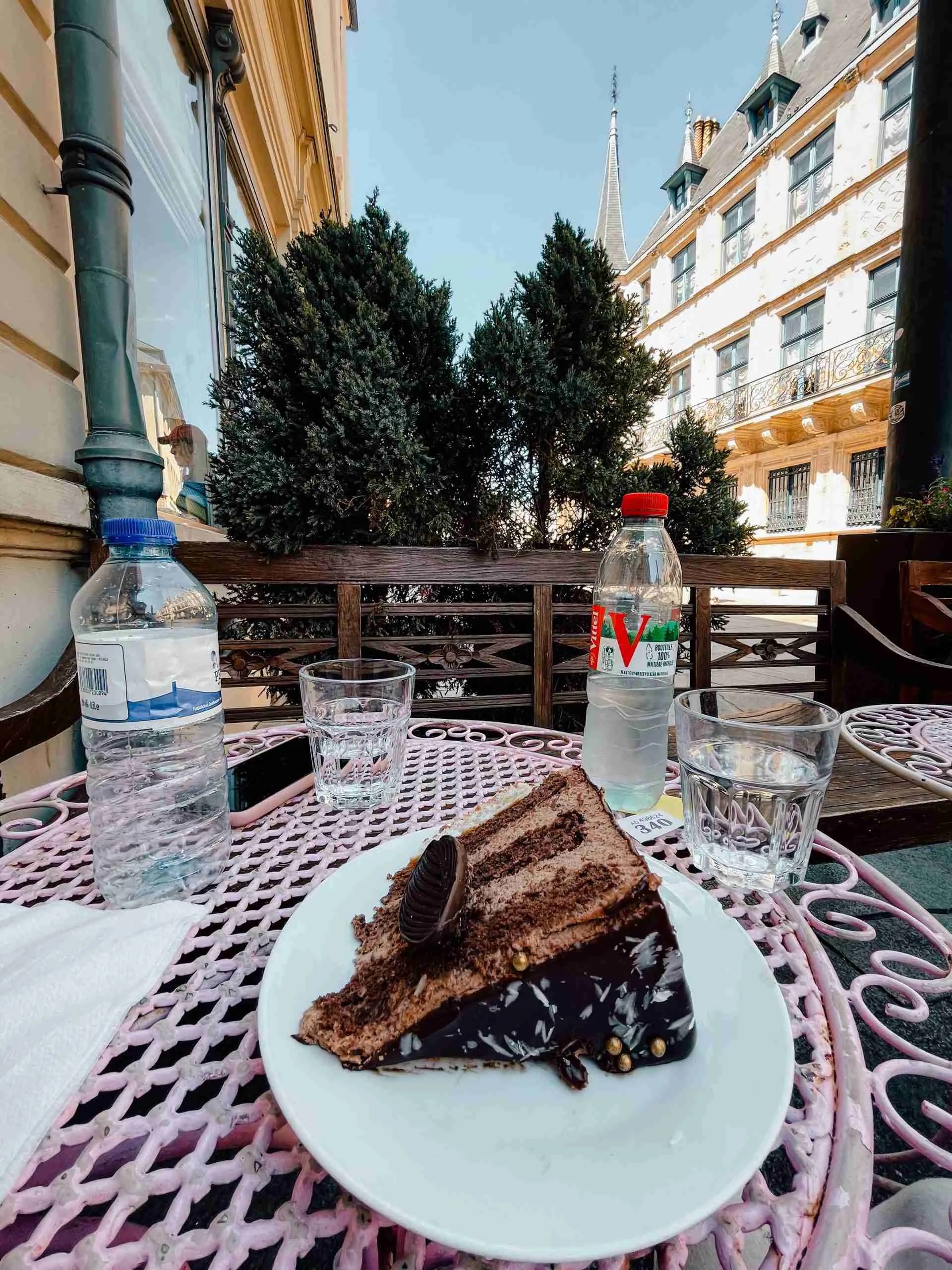 A slice of layered chocolate cake from the Chocolate House in Luxembourg 