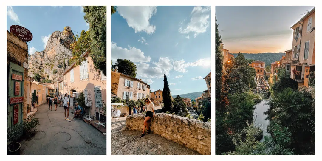 Collage of photos of the picturesque town of Moustiers Saint Marie perched on top of a hill 