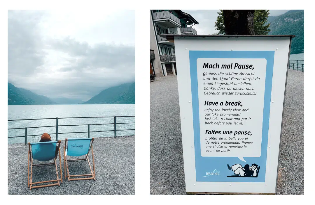 Someone enjoying the view of Lake Brienz from one of the free lounge chairs