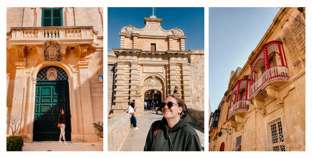 A collage of photos of a girl exploring the streets of Mdina, including a photo of the iconic gates, the colourful balconies and the beautiful architecture