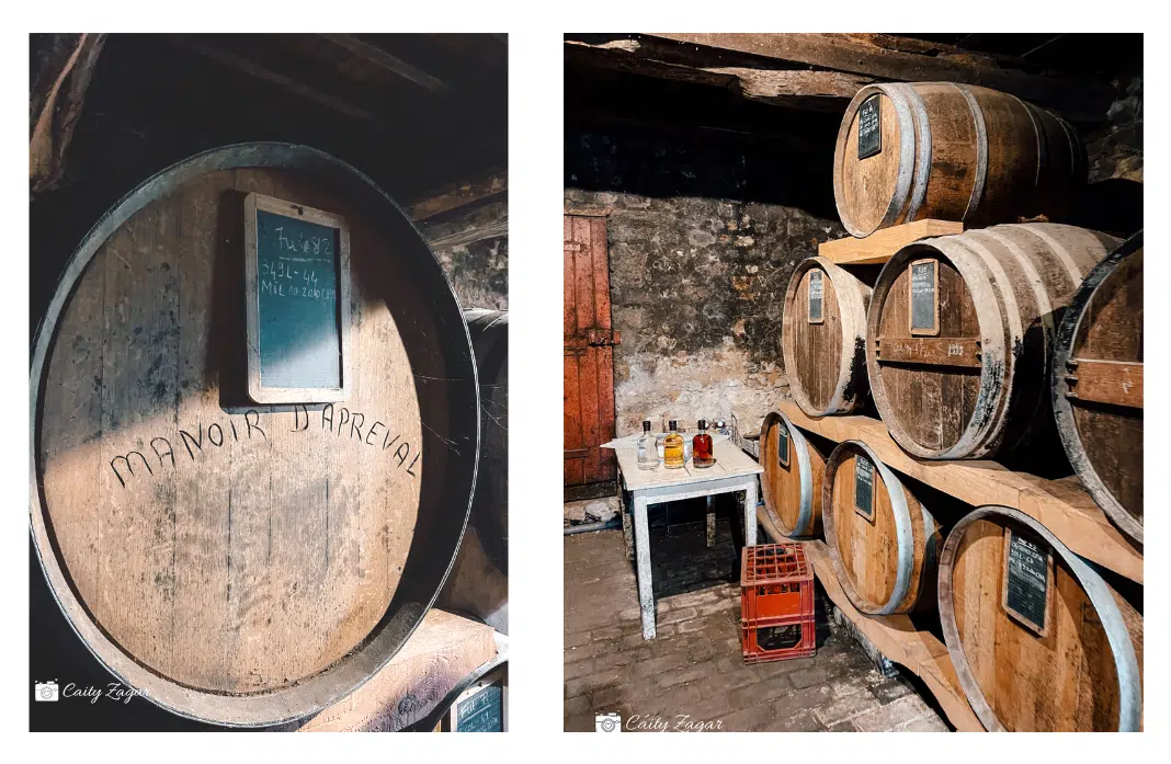 Barrels of cider from a cidery in Normandy and a table showcasing the evolution of cider and other cider based drinks 