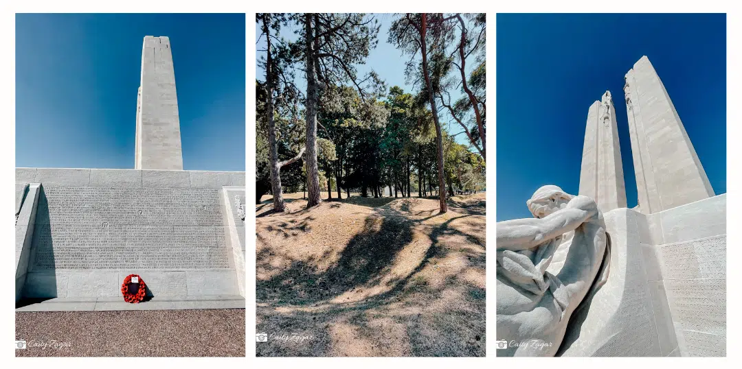 A collage of photos of the Vimy Ridge memorial on a bright cloudless day and the craters left behind on the property 