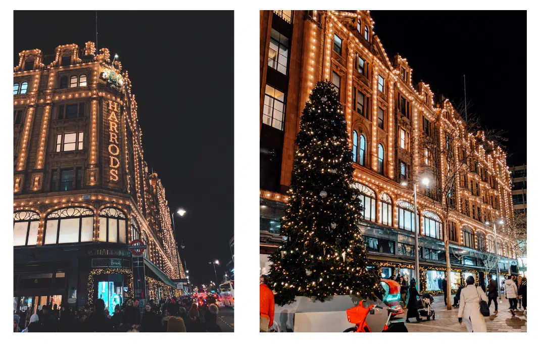 The warm lights decorated outside Harrods department store in London