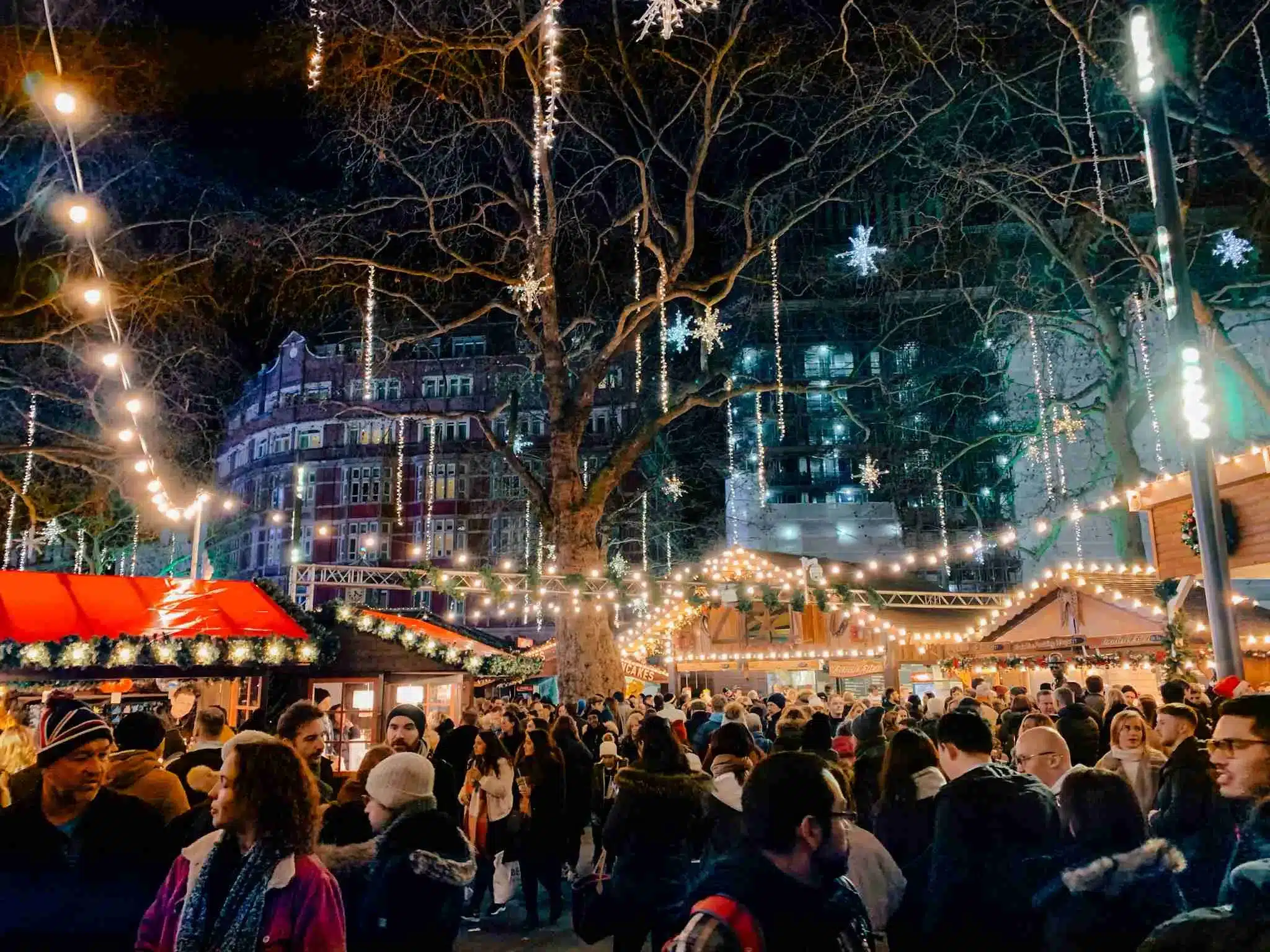 The Christmas market and twinkly lights in Leicester square 