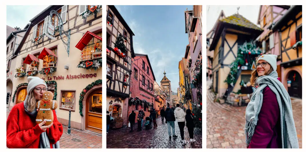 A compilation of photos of a girl exploring the timber framed houses of the Alsace region. (Left) She is holding a gingerbread man and kisses his cheek. (right) she is looking over her shoulder with colourful half timer framed houses behind her