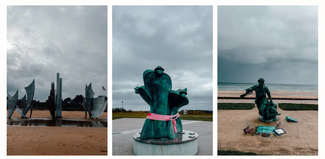 A collage of different monuments found along the D-Day beaches close to Bayeux in Normandy including the iconic Omaha and Juno beaches