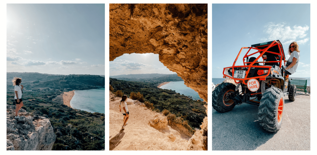 Photos of a girl overlooking a beautiful bay on the island of Gozo from standing over a cliff and from inside a cave. The same girl also sites in a quad bike, the same one she used to explore the island 