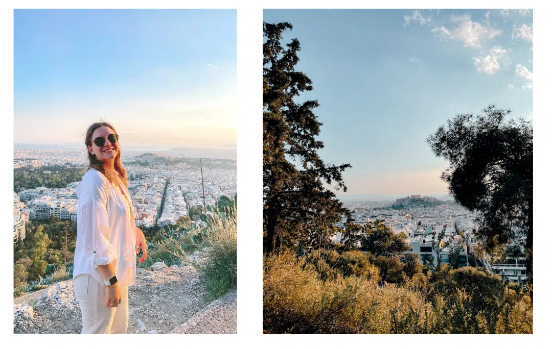 A girl admiring the view of the sunset over Athens from Lycabettus hill 