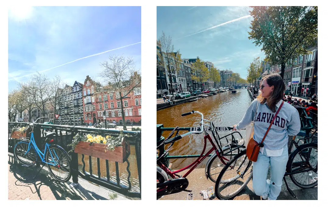 2 photos of bikes lining the Amsterdam canals on a sunny day in spring 