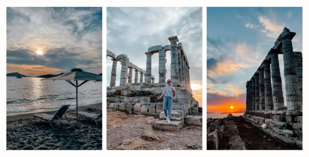 A collection of photos of the Athenian riviera. One of the sun setting on the beach with chairs and an umbrella in the foreground. Another photo is of a girl standing in front of Poseidons temple. And the last photo shows the ancient temple with a bright orange sunset in the distance. 