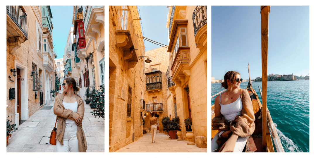 Photos of a girl walking the empty streets of Birgu with the colorful balconies above her head and a photo of her taking the traditional Maltese water taxi 