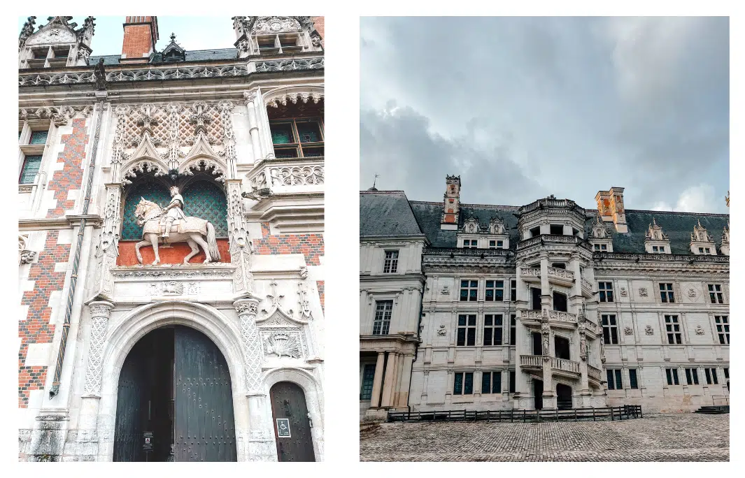 A collage of photos of the exterior of the Chateau de Blois, including the striking statue of the king on a horse. 