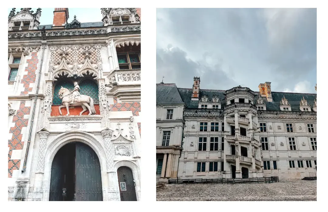 A collage of photos of the exterior of the Chateau de Blois, including the striking statue of the king on a horse.