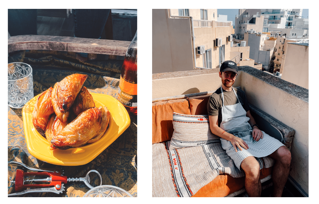 One photo shows a pile of Pastizzi freshly made from a Maltese cooking class and the other shows a man smiling sitting on a balcony in Valletta wearing an apron 