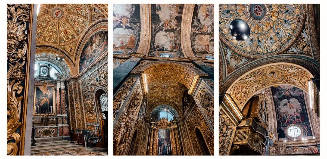 A collage of photos of inside the St. Johns co Cathedral in Valletta, showing the beautiful gold, details ceilings and arches