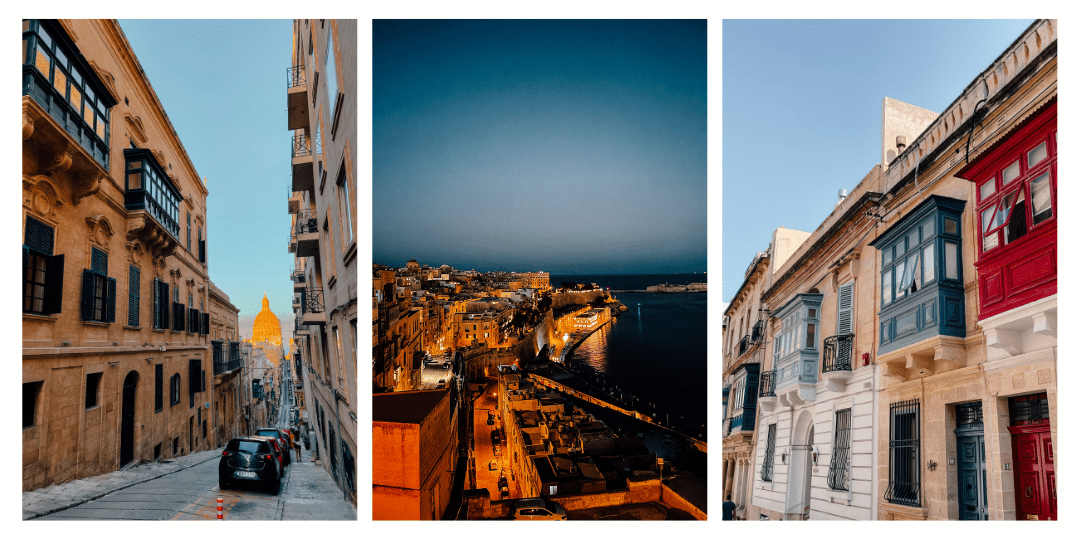 Photos of the beautiful streets of Valletta, both at night, at sunset and during the day 