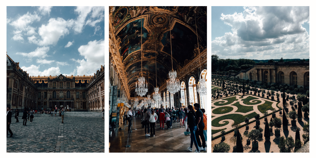 Various photos of the palace of Versailles - some show casing the beautiful golden interior and another highlighting the manicured gardens
