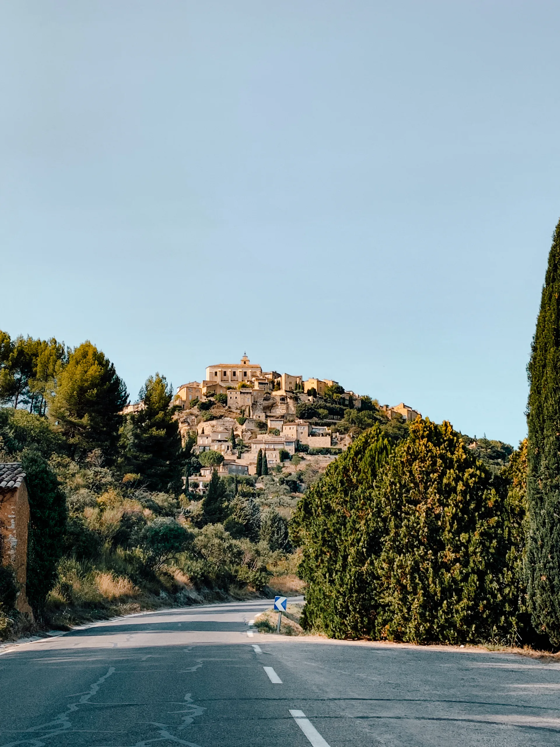 A town on a hillside sits in the middle with the road leading up to it with trees and bushes lining the road. 