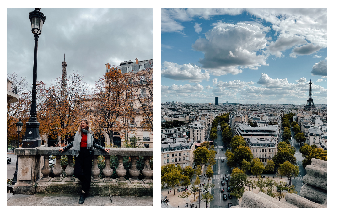 (left) A girl stands with the Eiffel Tower in the background. She is leaning on a balcony with a lampost and the tree behind her is orange. (right) the view from the arc de Triomphe overlooking the Paris skyline and the Eiffel tower 