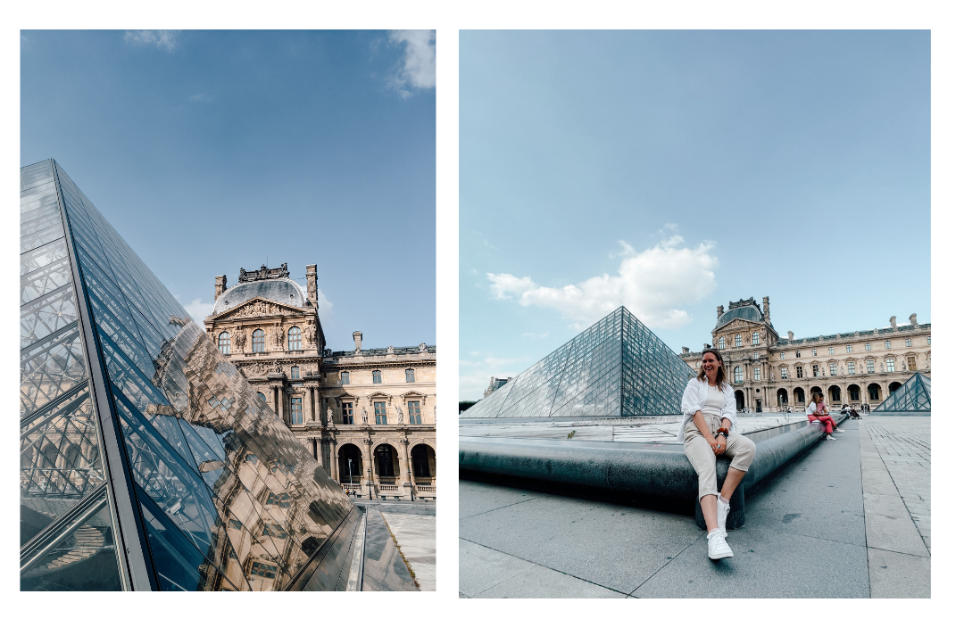 A girl sits in front of the glass pyramid - the iconic entrance to the Louvre museum in Paris 