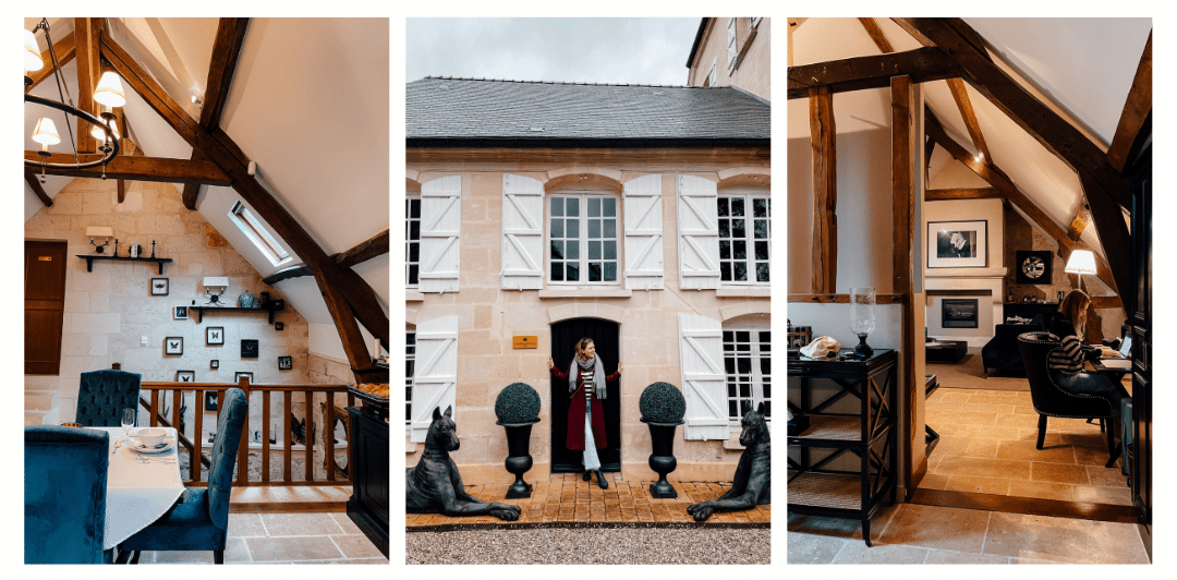 A collage of photos of the beautiful interior of the historic estate of the Moulin Royale. The dining room and bedroom surrounded by exposed wooden beams