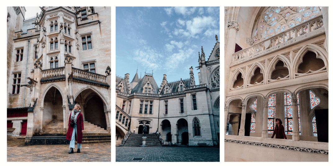 A girl exploring the grounds of Pierrefonds castle including the courtyard and the interior hallways surrounded in stained glass windows