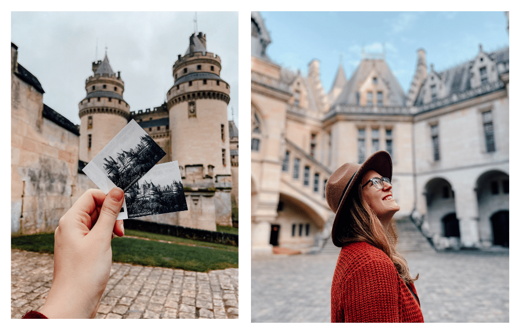 A girl visiting the medieval castle of Pierrefonds, holding up her tickets in front of her 