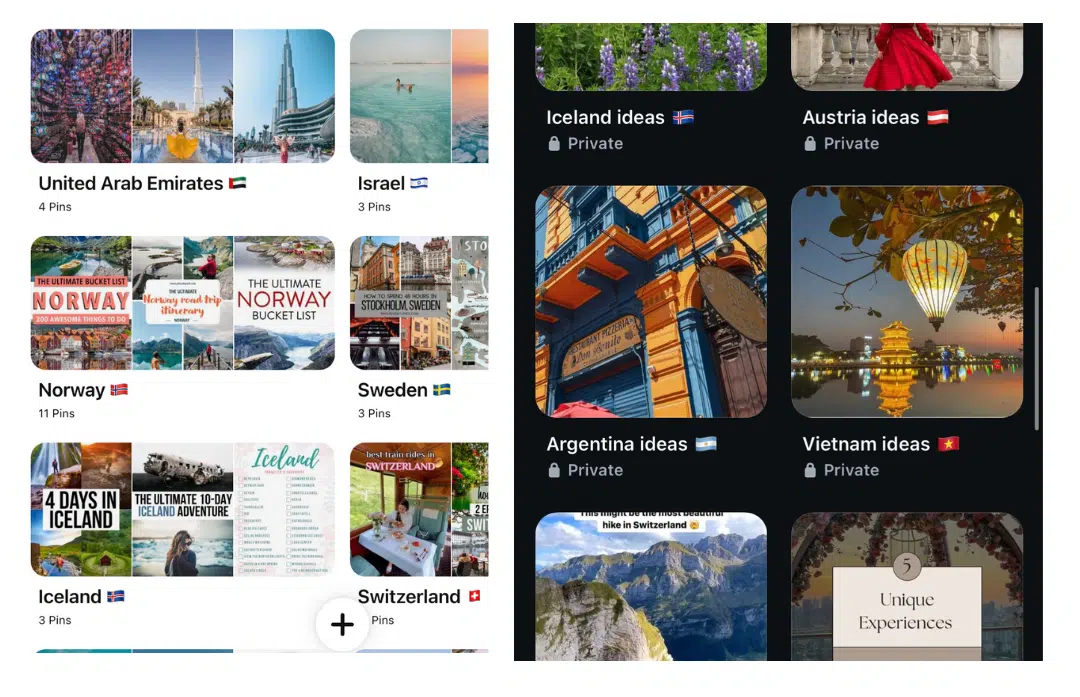 Screenshots of someones Pinterest and Instagram folders showing how to keep track of trip inspiration