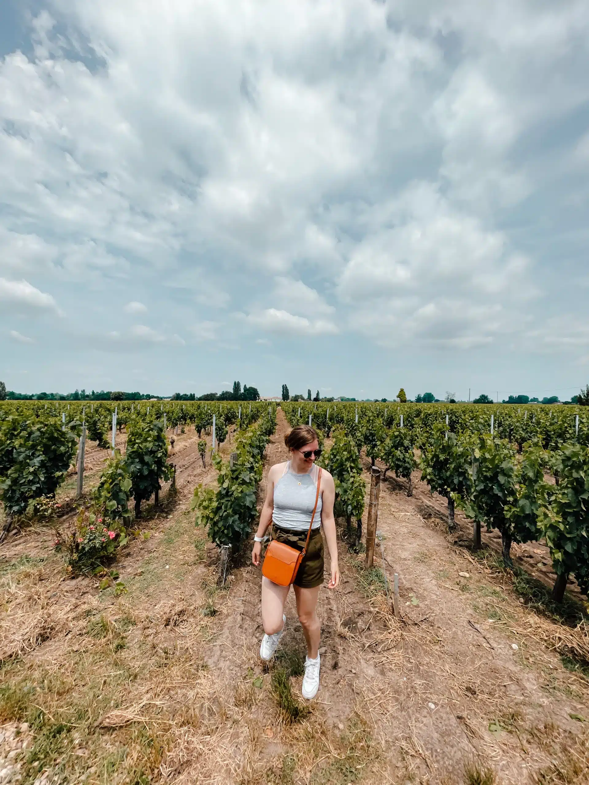 A girl standing in front of rows and rows of grape vines at a winery in Bordeaux 