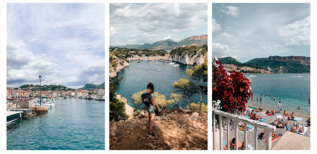 (left) a view of the port town of Cassis from the water. (middle) a girl overlooking a bay in Les Calanques National Park. (right) admiring the coast of Provence from the rocky beaches 