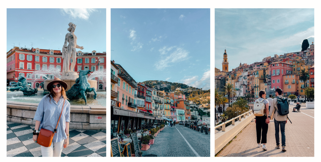 (left) a girl standing in front of a popular fountain in Nice (middle) the colourful buildings of Villefranche-sur-Mer (right) a couple walking away from the camera towards the colourful buildings in Menton 