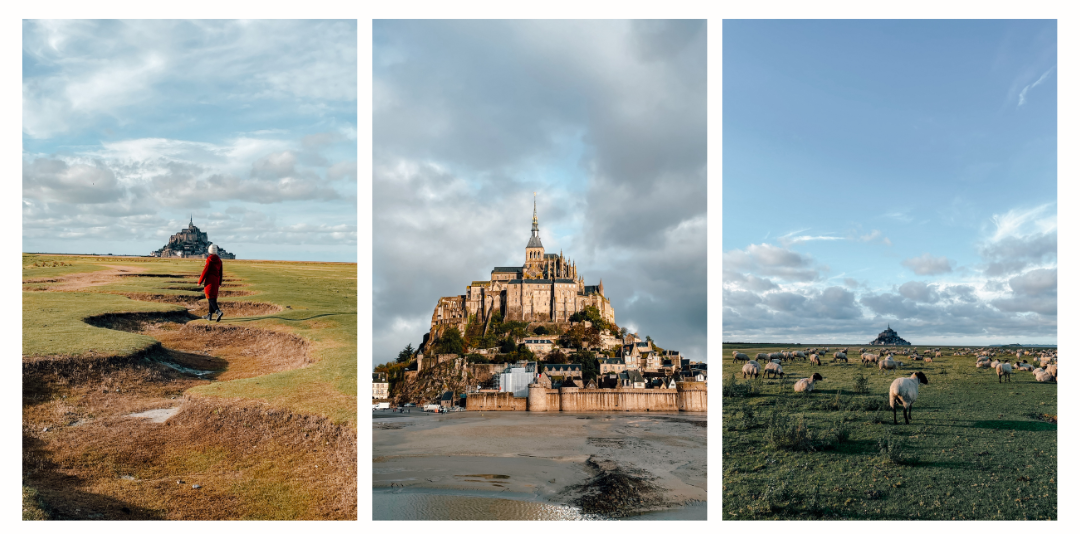 A series of photos of Mont St. Michel. (Left) someone is walking across a field with the Mont St. Michel in the distance. (right) a flock of sheep graze in a field with a smaller mont st michel sitting far in the distance 