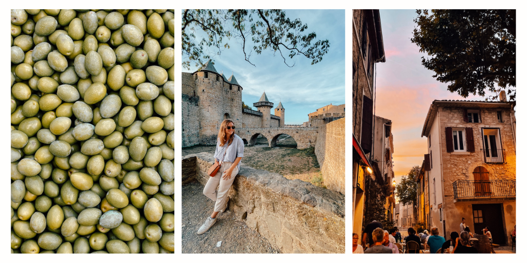 (left) a vat of green olives (middle) a girl sitting on a ledge with the medieval castle of Carcassonne in the background (right) a small typical french villages at sunset 