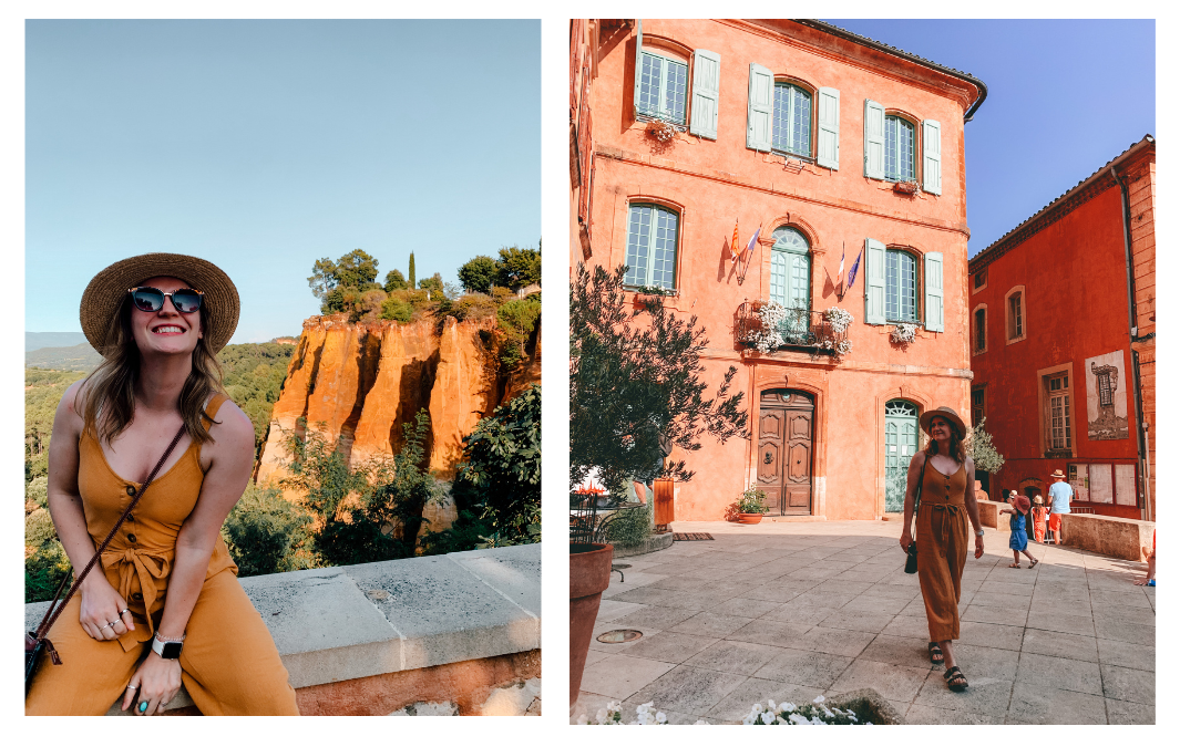 A girl sitting on a ledge with the Roussillon ochre reserve behind her and another photo of a girl walking through the orange streets of Roussillon 