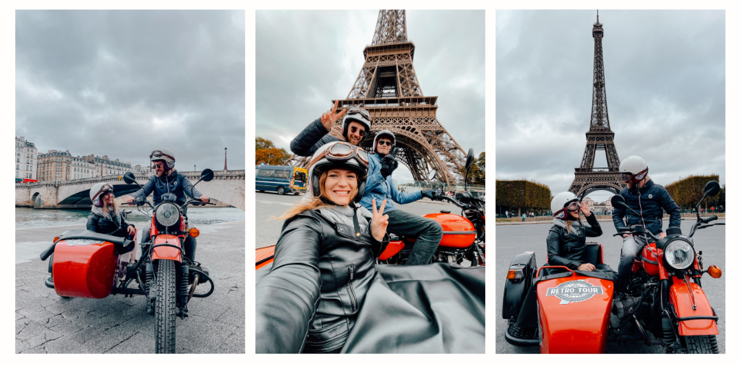 A couple sitting in a side car with the Seine river and the Eiffel tower behind them 