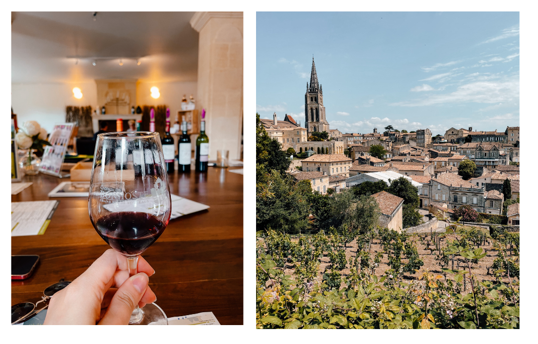(left) someone holds a glass of red wine in front of the camera with a series of bottles in the back ground - they are at a wine tasting (right) the medieval town of St. Emilion with vineyards sitting in the foreground 