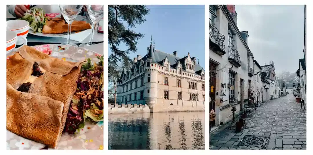 left: crepe from a local creperie in Azay le Rideau middle: the chateau from across the water right: the empty town of Azay le Rideau early in the morning 