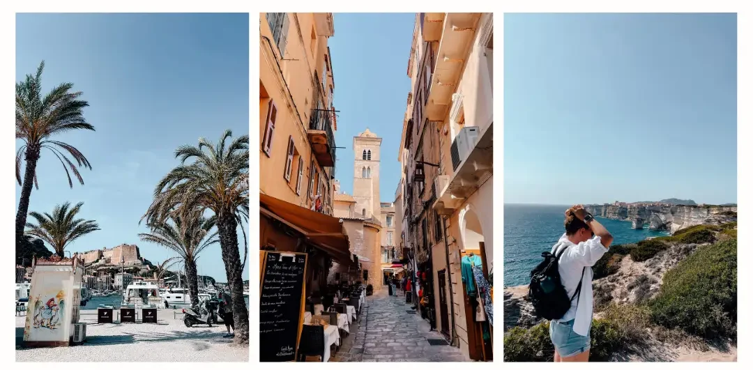 left: a view of the Bonifacio citadel from the port with palm trees on either side of the phot middle: an empty street in Bonifacio with a church's belltower at the end of the road right: a girl stands in the foreground fixing her hair, behind her is the jagged coastline leading towards Bonifacio sitting on a cliff in the distance 