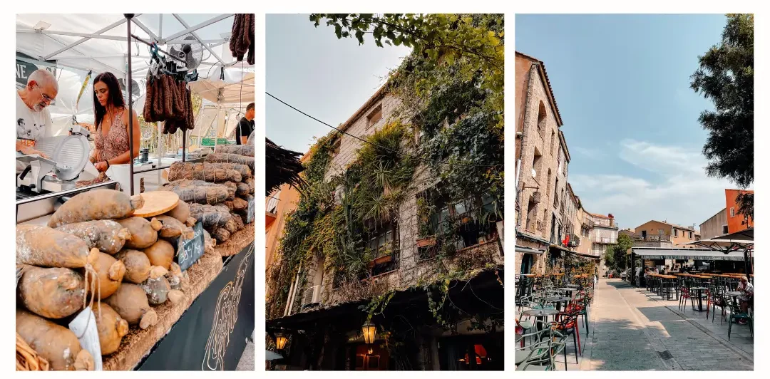 left: dried meats sit waiting to be purchased at a Corsican market middle: a building face is covered in hanging plants right: a quiet empty street in Porto Vecchio in Corsica 