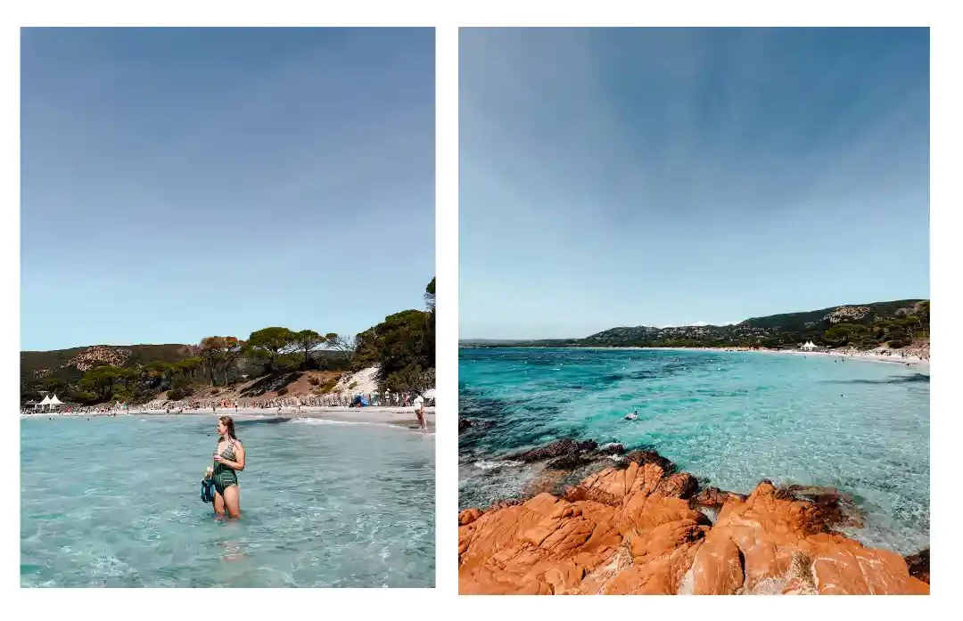 left: a girl stands knee deep in clear blue water with the beach in the background right: orange rocks sit in the foreground with turquoise waters and sandy beach in the background 