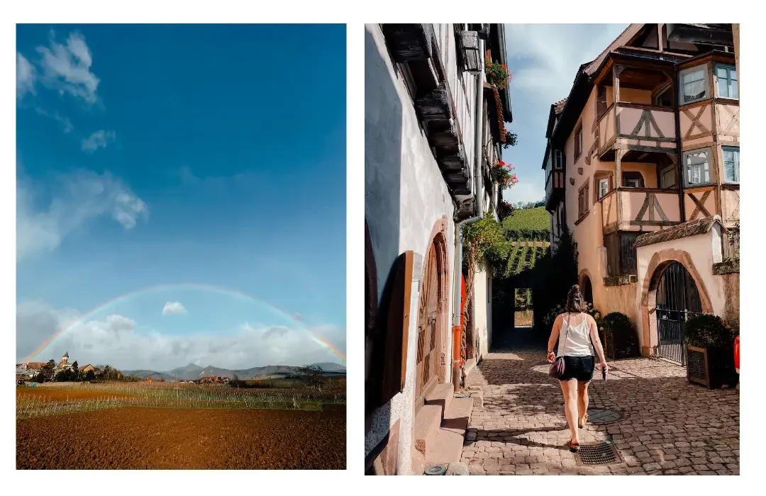 Left: an empty vineyard in Alsace with a rainbow in the distance Right: a girl walking down the small streets with half timber framed buildings beside her and the faint sight of rows of vineyards in the distance 