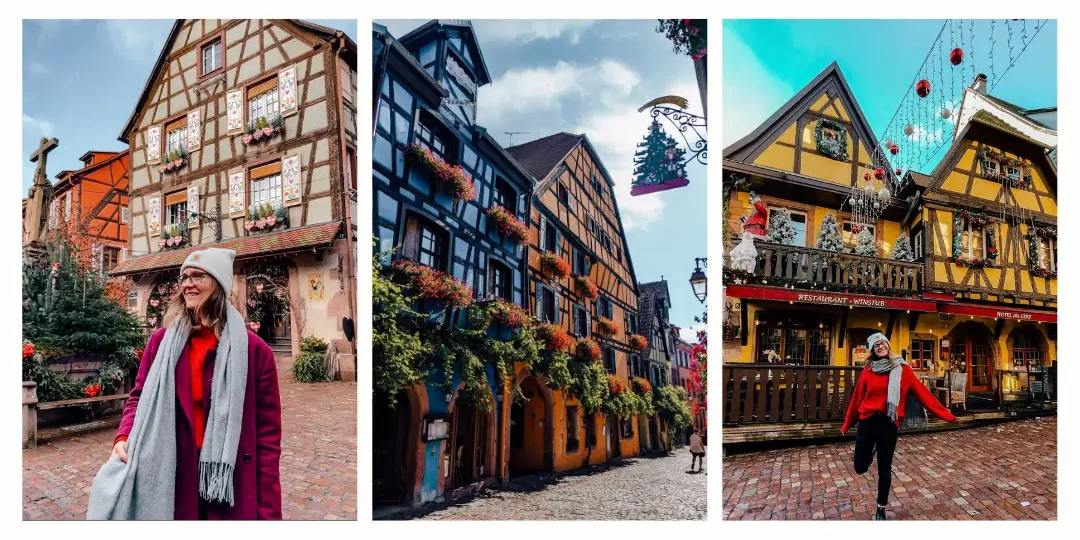 Three photos showing colourful half-timber framed houses 