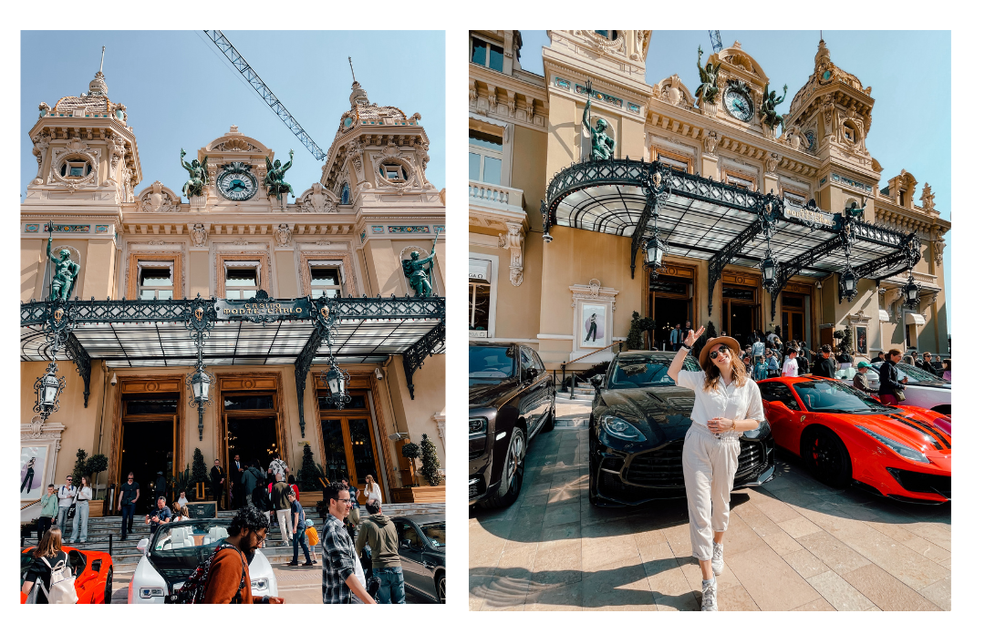 A girl stands in front of the famous Monte Carlo Casino with several luxury cars behind her 