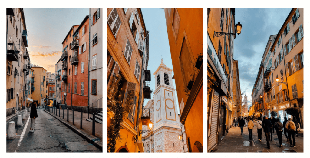 Collection of photos of the narrow colourful streets inside the Old Town of Nice 