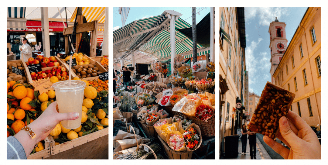 Photos from the market in Nice displaying bouquets of flowers and stands filled with fruits and vegetables 